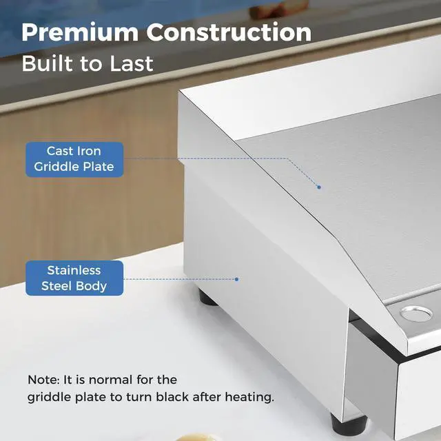 Alt view image 4 of 6 - Commercial Electric Griddle 22" - 110V 2000W Countertop Griddle with Cast Iron Griddle Plate & Stainless Steel Frame, Restaurant Teppanyaki Flat Top Grill, Adjustable Temp Control 122-572