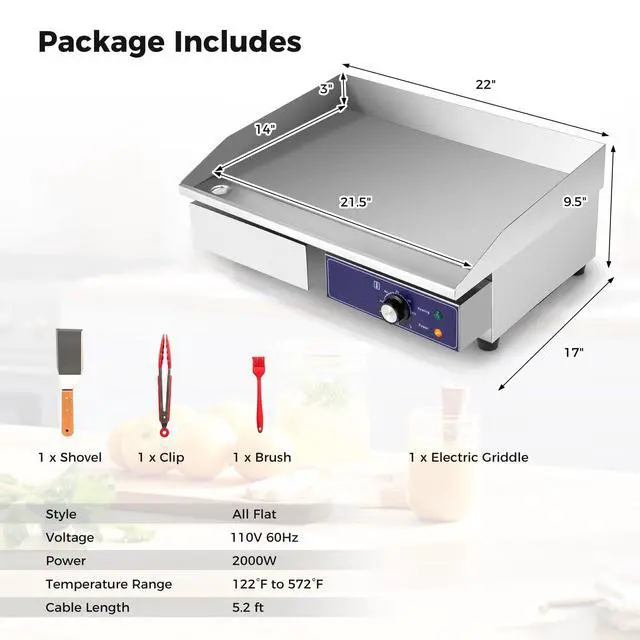 Alt view image 6 of 6 - Commercial Electric Griddle 22" - 110V 2000W Countertop Griddle with Cast Iron Griddle Plate & Stainless Steel Frame, Restaurant Teppanyaki Flat Top Grill, Adjustable Temp Control 122-572