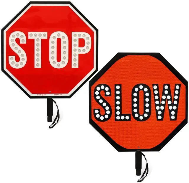 Main image of 24" LED Stop/Slow Paddle, Rechargeable Battery & Charger, 2-Sided Reflective Hand Held Aluminum Sign with Strap, Steady/Flashing Light Modes, Foam-Padded Grip, 1-Pack