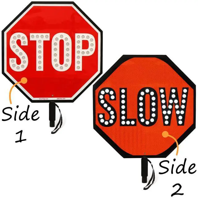 Alt view image 2 of 6 - 24" LED Stop/Slow Paddle, Rechargeable Battery & Charger, 2-Sided Reflective Hand Held Aluminum Sign with Strap, Steady/Flashing Light Modes, Foam-Padded Grip, 1-Pack