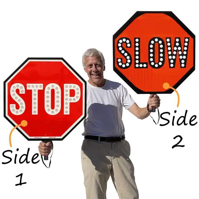 Alt view image 3 of 6 - 24" LED Stop/Slow Paddle, Rechargeable Battery & Charger, 2-Sided Reflective Hand Held Aluminum Sign with Strap, Steady/Flashing Light Modes, Foam-Padded Grip, 1-Pack