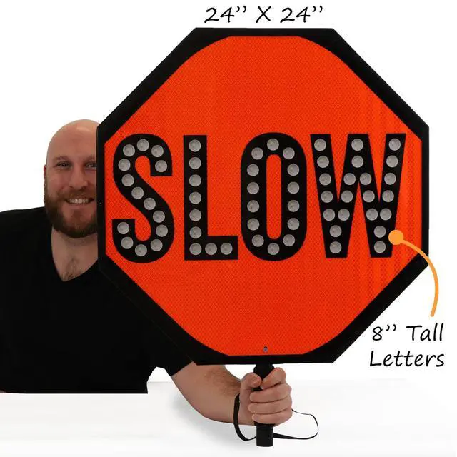 Alt view image 4 of 6 - 24" LED Stop/Slow Paddle, Rechargeable Battery & Charger, 2-Sided Reflective Hand Held Aluminum Sign with Strap, Steady/Flashing Light Modes, Foam-Padded Grip, 1-Pack