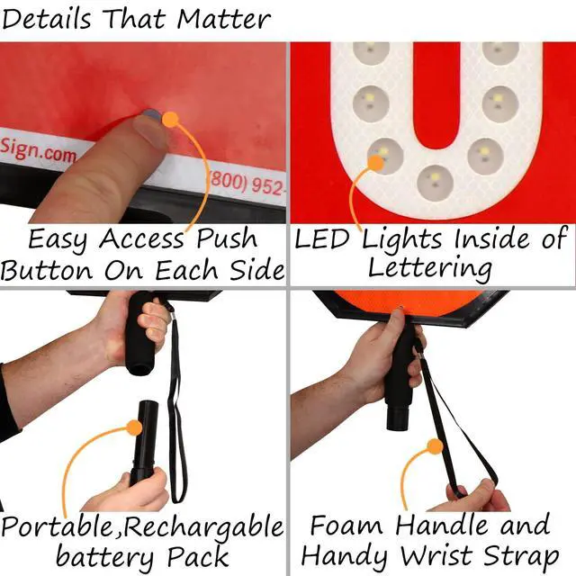 Alt view image 6 of 6 - 24" LED Stop/Slow Paddle, Rechargeable Battery & Charger, 2-Sided Reflective Hand Held Aluminum Sign with Strap, Steady/Flashing Light Modes, Foam-Padded Grip, 1-Pack