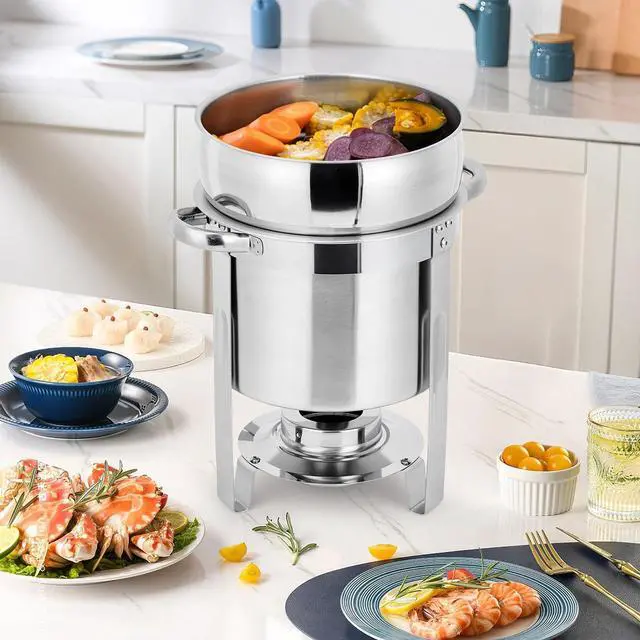 Alt view image 2 of 6 - 11QT Commercial-Grade Soup Chafer Set of 4, Stainless Steel Round Food Warmers with Pots, Notched Lids & Fuel Holders, Commercial Buffet Equipment for Large Banquet Service & Buffet Catering