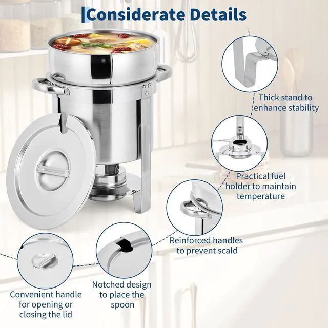 Alt view image 4 of 6 - 11QT Commercial-Grade Soup Chafer Set of 4, Stainless Steel Round Food Warmers with Pots, Notched Lids & Fuel Holders, Commercial Buffet Equipment for Large Banquet Service & Buffet Catering