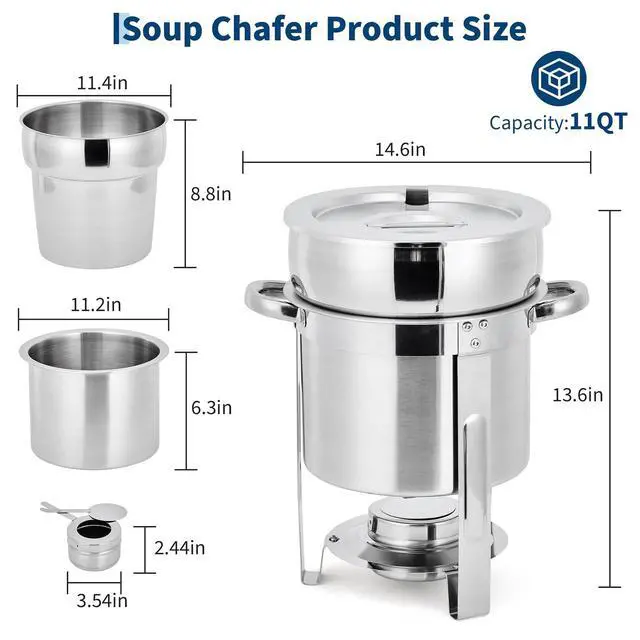 Alt view image 5 of 6 - 11QT Commercial-Grade Soup Chafer Set of 4, Stainless Steel Round Food Warmers with Pots, Notched Lids & Fuel Holders, Commercial Buffet Equipment for Large Banquet Service & Buffet Catering