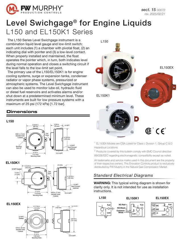 Alt view image 2 of 2 - EL150K1 Liquid Level Swichgage (15700116)