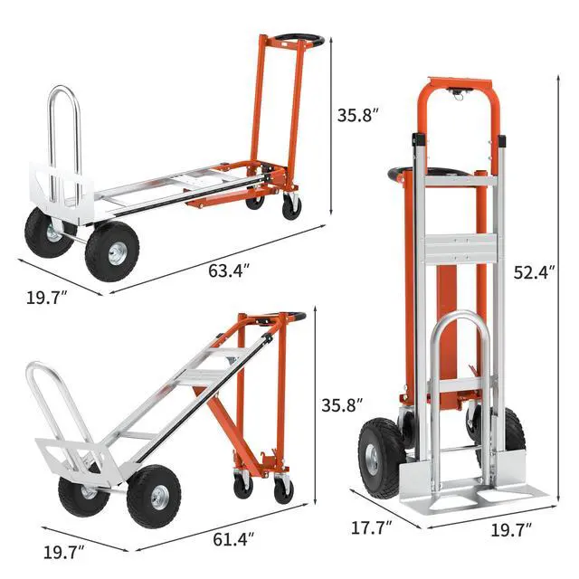 Alt view image 2 of 6 - Aluminum 3 in 1 Convertible Hand Truck-Orange Dolly for Moving, 800Lbs Capacity, Heavy Duty Folding Hand Truck Dolly Cart with Wheels,Handtruck for Logistics, Shopping, Home, Office Moving