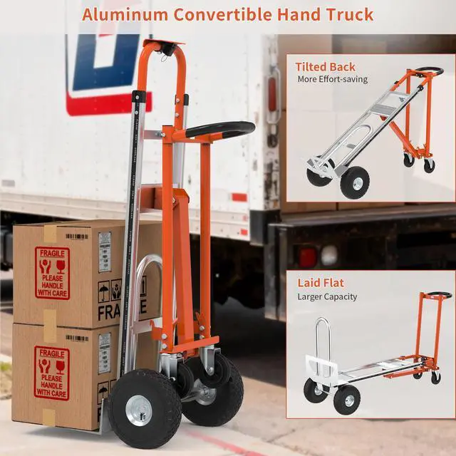 Alt view image 3 of 6 - Aluminum 3 in 1 Convertible Hand Truck-Orange Dolly for Moving, 800Lbs Capacity, Heavy Duty Folding Hand Truck Dolly Cart with Wheels,Handtruck for Logistics, Shopping, Home, Office Moving