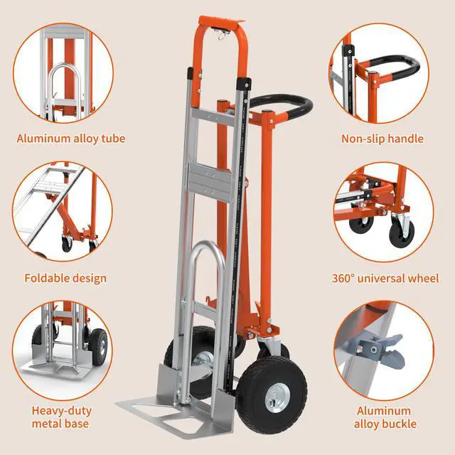 Alt view image 4 of 6 - Aluminum 3 in 1 Convertible Hand Truck-Orange Dolly for Moving, 800Lbs Capacity, Heavy Duty Folding Hand Truck Dolly Cart with Wheels,Handtruck for Logistics, Shopping, Home, Office Moving