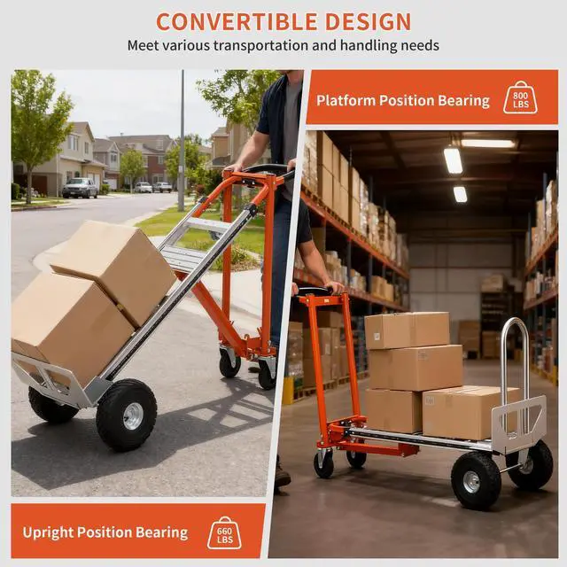 Alt view image 5 of 6 - Aluminum 3 in 1 Convertible Hand Truck-Orange Dolly for Moving, 800Lbs Capacity, Heavy Duty Folding Hand Truck Dolly Cart with Wheels,Handtruck for Logistics, Shopping, Home, Office Moving
