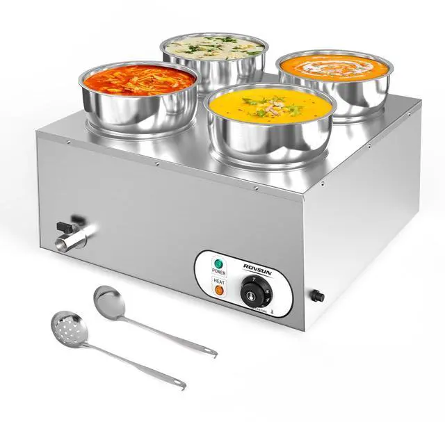 Main image of Electric Soup Warmer, 30QT Commercial Food Warmer Steam Table, Countertop Bain Marie with Four 7.4QT Pots, 86~185°F Adjustable Temperature, Lid and Tap for Buffet Restaurant 1500W