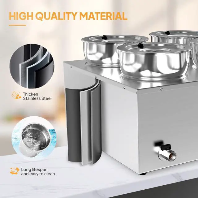 Alt view image 3 of 6 - Electric Soup Warmer, 30QT Commercial Food Warmer Steam Table, Countertop Bain Marie with Four 7.4QT Pots, 86~185°F Adjustable Temperature, Lid and Tap for Buffet Restaurant 1500W