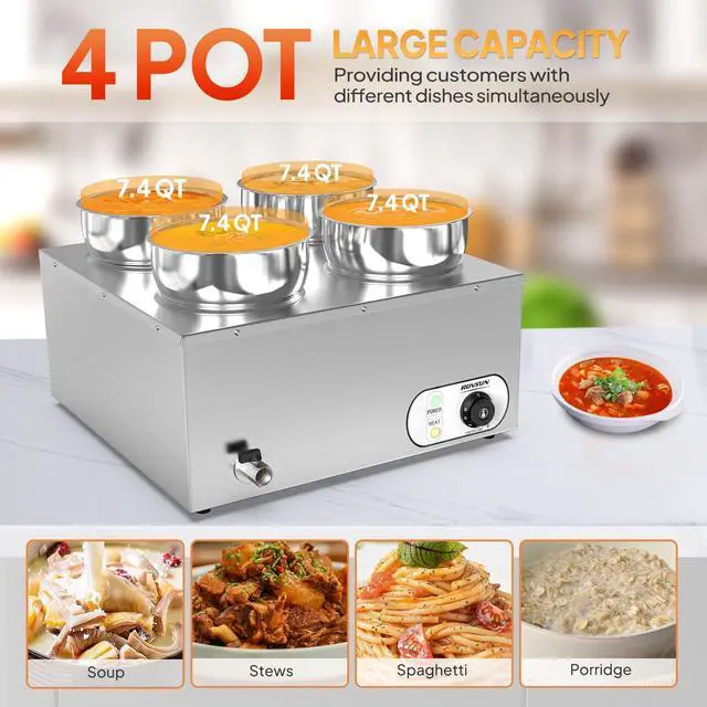 Alt view image 4 of 6 - Electric Soup Warmer, 30QT Commercial Food Warmer Steam Table, Countertop Bain Marie with Four 7.4QT Pots, 86~185°F Adjustable Temperature, Lid and Tap for Buffet Restaurant 1500W