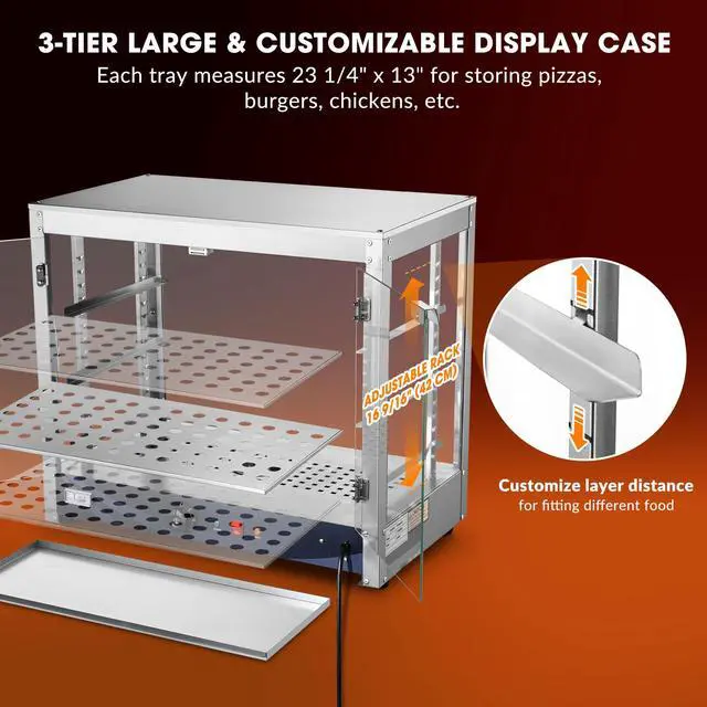 Alt view image 3 of 6 - 27'' 3-Tier Commercial Food Warmer 800W Large Capacity Catering Display Case for Food Truck Food Tent Fast Food Restaurant