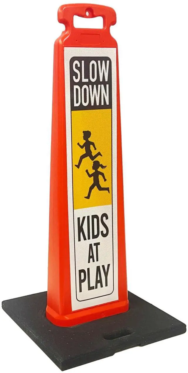 Main image of SLOW DOWN KIDS AT PLAY Vertical Panel Sign Kit, Double-sided, Reflective sheeting. Vertical Panel & 20lb Base (Sign and base ship separately)