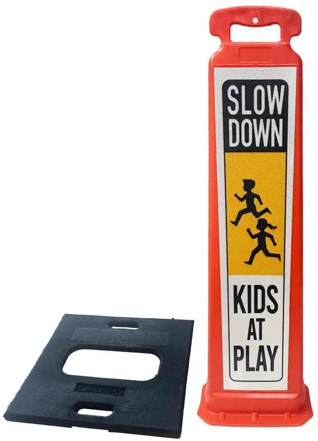 Alt view image 3 of 4 - SLOW DOWN KIDS AT PLAY Vertical Panel Sign Kit, Double-sided, Reflective sheeting. Vertical Panel & 20lb Base (Sign and base ship separately)