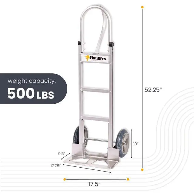 Alt view image 2 of 6 - Heavy Duty Hand Truck with Vertical Loop Handle - Aluminum Dolly Cart for Moving - 500 Pound Capacity - 10" Rubber Wheels - 52.25" H x 17.5" W with 17.75" x 9.5" Diecast Nose Plate
