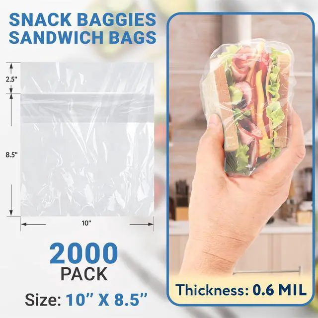 Alt view image 2 of 6 - Clear Sandwich Bags Fold Top 10 x 8.5 Inches Bulk Pack of 2000 Plastic Snack Baggies