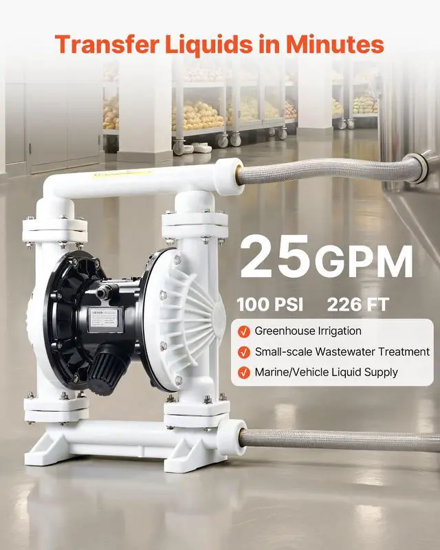 Alt view image 3 of 6 - Air Operated Double Diaphragm Pump, 25 GPM, 1 inch Inlet & Outlet Pneumatic Waste Oil Transfer Pump, Max 100 PSI, Polypropylene Body, Air-Operated for Diesel, Grease, Kerosene, Gasoline & Oil