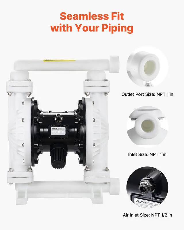 Alt view image 5 of 6 - Air Operated Double Diaphragm Pump, 25 GPM, 1 inch Inlet & Outlet Pneumatic Waste Oil Transfer Pump, Max 100 PSI, Polypropylene Body, Air-Operated for Diesel, Grease, Kerosene, Gasoline & Oil