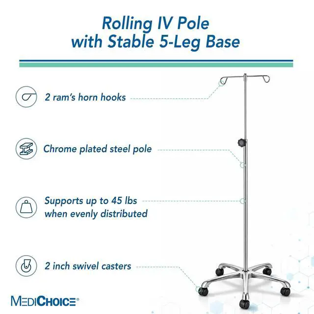 Alt view image 2 of 6 - IV Pole Rolling Stand Adjustable 5290 Inch Stainless Steel IV Stand with Wheels, 4 Hook IV Drip Holder, 5-Leg Base, 45 lb Capacity, Portable Medical IV Stand