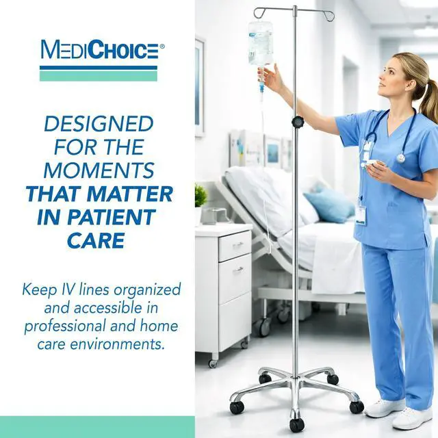 Alt view image 3 of 6 - IV Pole Rolling Stand Adjustable 5290 Inch Stainless Steel IV Stand with Wheels, 4 Hook IV Drip Holder, 5-Leg Base, 45 lb Capacity, Portable Medical IV Stand