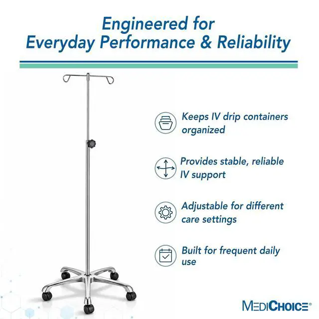 Alt view image 4 of 6 - IV Pole Rolling Stand Adjustable 5290 Inch Stainless Steel IV Stand with Wheels, 4 Hook IV Drip Holder, 5-Leg Base, 45 lb Capacity, Portable Medical IV Stand