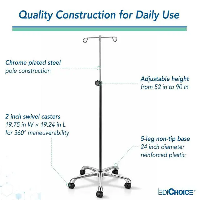 Alt view image 6 of 6 - IV Pole Rolling Stand Adjustable 5290 Inch Stainless Steel IV Stand with Wheels, 4 Hook IV Drip Holder, 5-Leg Base, 45 lb Capacity, Portable Medical IV Stand