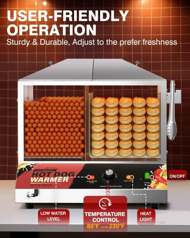 Alt view image 2 of 6 - Hot Dog Steamer Machine, 36L/38QT Electric Hot Dog Steamer with Bun Warmer, Stainless Steel Hot Dog Cabinet with Tempered Glass for 110-125 Sausages & 40-45 Buns,1200W