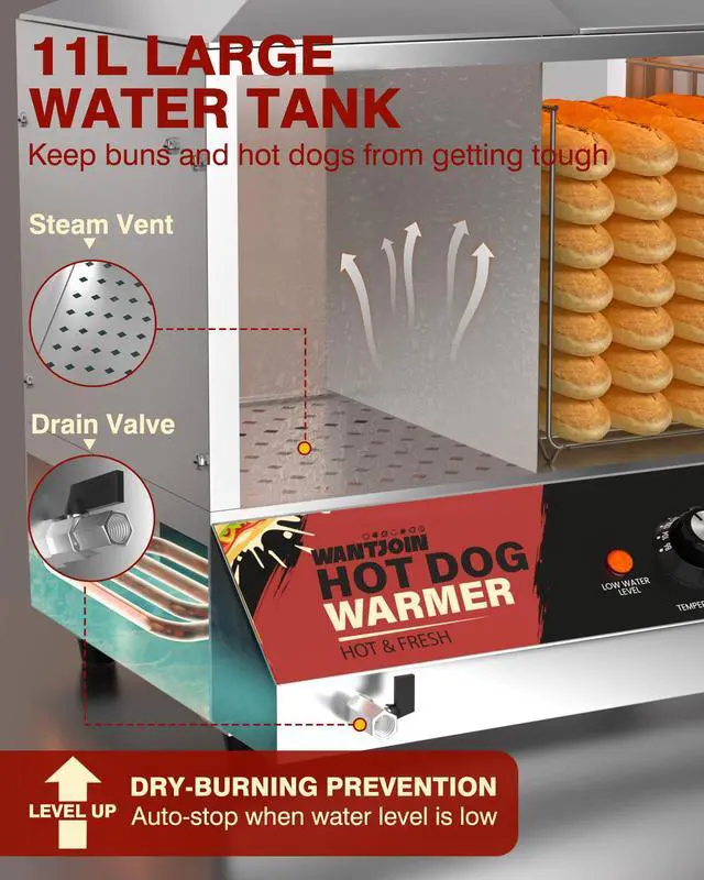 Alt view image 3 of 6 - Hot Dog Steamer Machine, 36L/38QT Electric Hot Dog Steamer with Bun Warmer, Stainless Steel Hot Dog Cabinet with Tempered Glass for 110-125 Sausages & 40-45 Buns,1200W