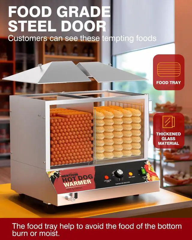 Alt view image 5 of 6 - Hot Dog Steamer Machine, 36L/38QT Electric Hot Dog Steamer with Bun Warmer, Stainless Steel Hot Dog Cabinet with Tempered Glass for 110-125 Sausages & 40-45 Buns,1200W