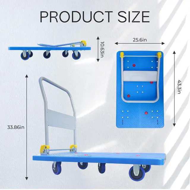 Alt view image 2 of 6 - Flatbed Cart, 1320lbs Heavy Duty Capacity Platform Hand Truck 360 Degree Swivel Wheels Foldable Push Hand Cart for Loading and Storage, Warehouse (Blue)