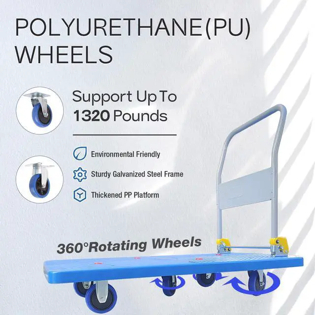 Alt view image 3 of 6 - Flatbed Cart, 1320lbs Heavy Duty Capacity Platform Hand Truck 360 Degree Swivel Wheels Foldable Push Hand Cart for Loading and Storage, Warehouse (Blue)