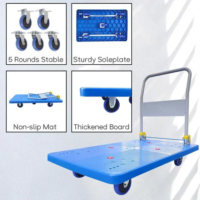 Alt view image 4 of 6 - Flatbed Cart, 1320lbs Heavy Duty Capacity Platform Hand Truck 360 Degree Swivel Wheels Foldable Push Hand Cart for Loading and Storage, Warehouse (Blue)