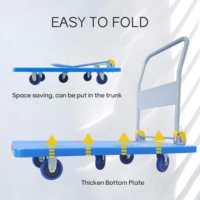 Alt view image 5 of 6 - Flatbed Cart, 1320lbs Heavy Duty Capacity Platform Hand Truck 360 Degree Swivel Wheels Foldable Push Hand Cart for Loading and Storage, Warehouse (Blue)