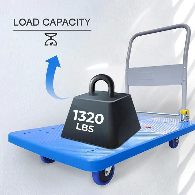 Alt view image 6 of 6 - Flatbed Cart, 1320lbs Heavy Duty Capacity Platform Hand Truck 360 Degree Swivel Wheels Foldable Push Hand Cart for Loading and Storage, Warehouse (Blue)