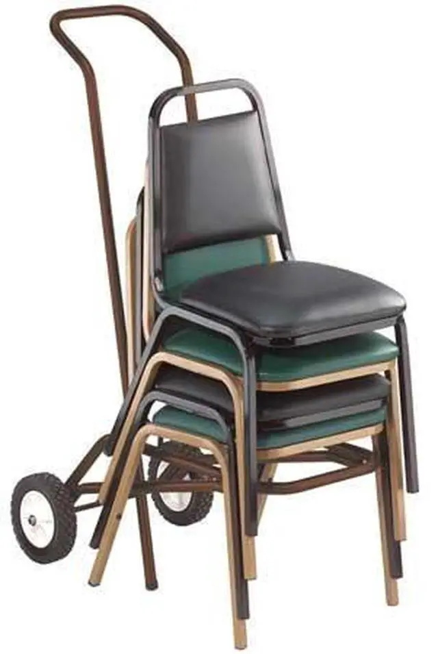 Main image of stacked chair dolly, powder coated steel frame, holds 10 chairs, 4" hard rubber casters, 34" x 34" x 52", brown