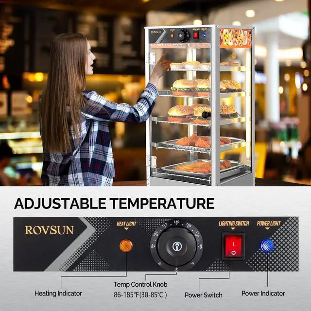 Alt view image 2 of 6 - Food Warmer Display Pizza Warmer, Commercial Countertop Food Warmer Electric Pretzel Warmer with Removable Shelves LED Lighting Glass Door for Restaurant Buffet 800W (5 Tiers)