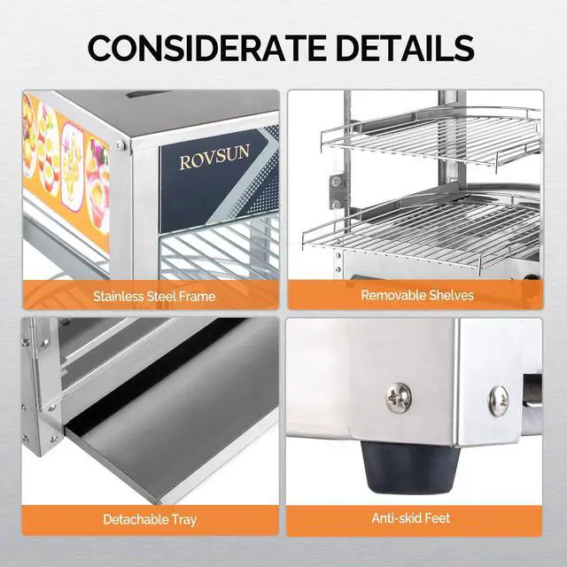 Alt view image 4 of 6 - Food Warmer Display Pizza Warmer, Commercial Countertop Food Warmer Electric Pretzel Warmer with Removable Shelves LED Lighting Glass Door for Restaurant Buffet 800W (5 Tiers)