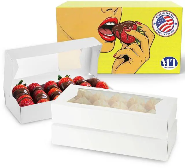 Main image of 12.5" x 5.5" Auto-Popup Bakery Boxes with Window (200 Pack) Made in USA Sturdy White Paperboard Gift Box for 12 Strawberries, Cookies, & Charcuterie Grease-Resistant & Food Safe
