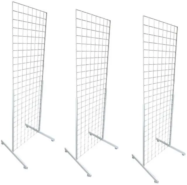 Main image of 2' x 6' Grid Wall Panel Floorstanding Display Fixture with Deluxe T-Style Base, Black or White. Three-Pack Combo. (WHITE WITH EZ SLIDE ON LEGS (NO HARDWARE REQUIRED))