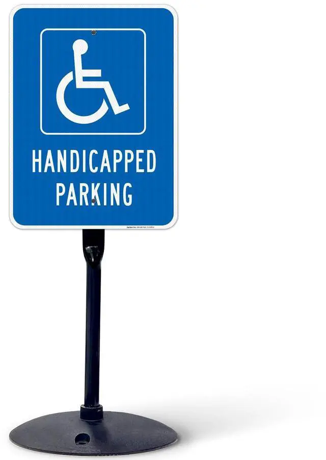 Main image of Handicap Parking Sign, Handicapped Sign, 18x24 Inches, 3M EGP Reflective with Post & Cast Iron Base Stand Set Made in USA by