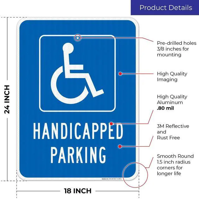 Alt view image 3 of 6 - Handicap Parking Sign, Handicapped Sign, 18x24 Inches, 3M EGP Reflective with Post & Cast Iron Base Stand Set Made in USA by