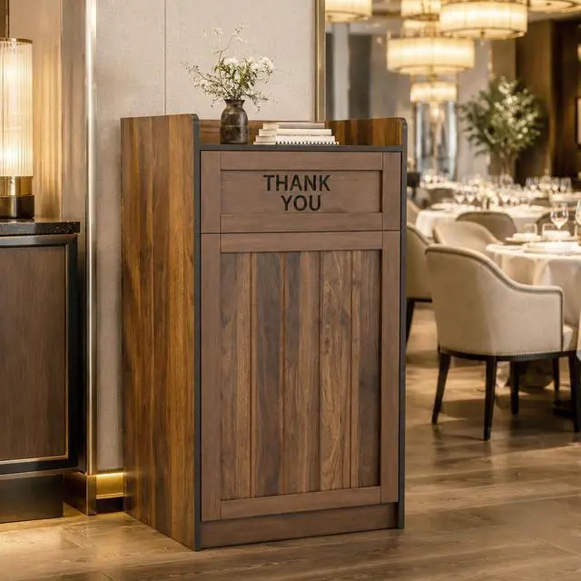 Main image of Restaurant Trash Can Cabinet, 40 Gallon Wooden Commercial Trash Cans and Garbage Receptacle with Tray Holder, Large Trash Cabinet for Restaurant, Kitchen, Office, Brown