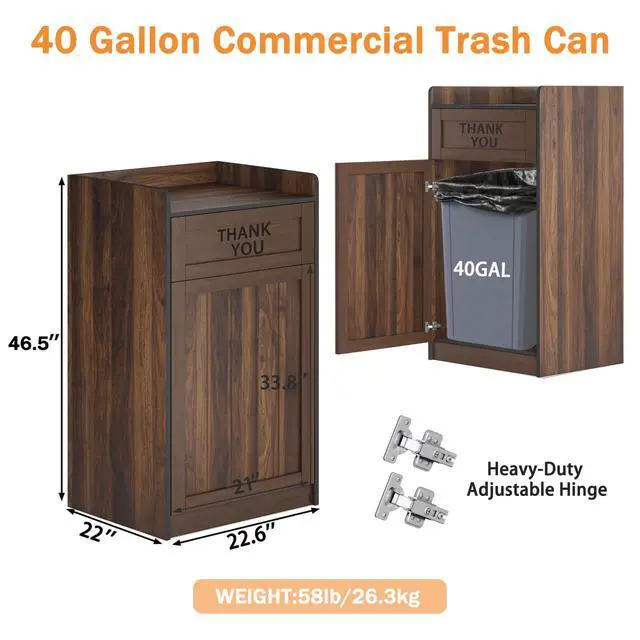 Alt view image 2 of 6 - Restaurant Trash Can Cabinet, 40 Gallon Wooden Commercial Trash Cans and Garbage Receptacle with Tray Holder, Large Trash Cabinet for Restaurant, Kitchen, Office, Brown