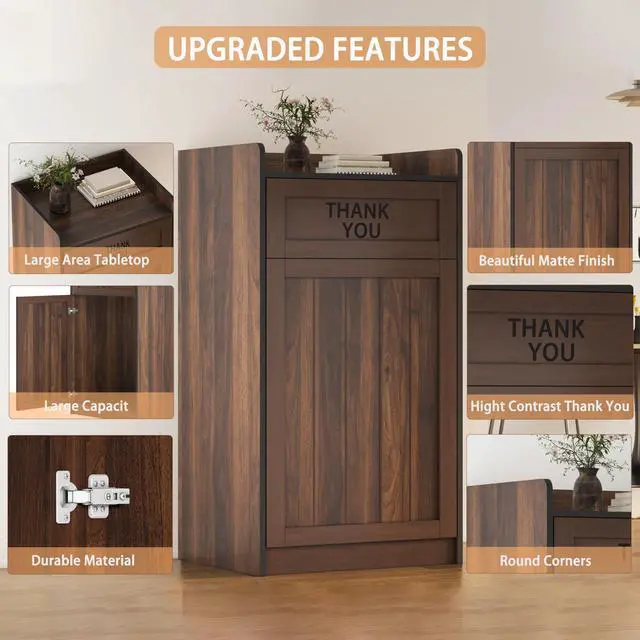 Alt view image 3 of 6 - Restaurant Trash Can Cabinet, 40 Gallon Wooden Commercial Trash Cans and Garbage Receptacle with Tray Holder, Large Trash Cabinet for Restaurant, Kitchen, Office, Brown