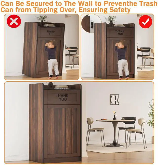 Alt view image 4 of 6 - Restaurant Trash Can Cabinet, 40 Gallon Wooden Commercial Trash Cans and Garbage Receptacle with Tray Holder, Large Trash Cabinet for Restaurant, Kitchen, Office, Brown