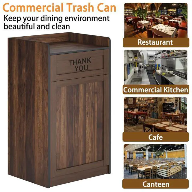 Alt view image 6 of 6 - Restaurant Trash Can Cabinet, 40 Gallon Wooden Commercial Trash Cans and Garbage Receptacle with Tray Holder, Large Trash Cabinet for Restaurant, Kitchen, Office, Brown