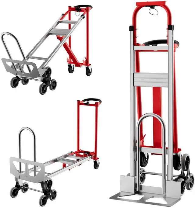 Main image of 3 in 1 Convertible Aluminum Hand Truck Dolly Cart, 800Lbs Capacity, Stair Climbing Utility Trolley Platform Cart for Transport and Moving in Home, Office, Warehouse, Supermarket, Red+Silver